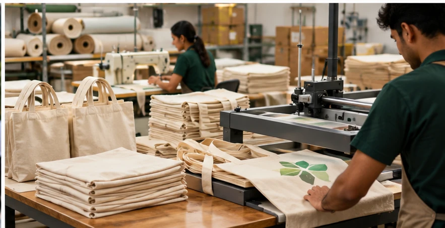 Cotton tote bags being manufactured, printed and prepared for custom branding