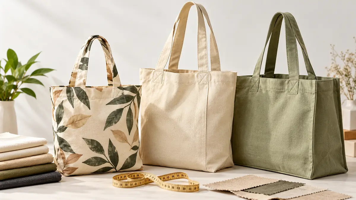 Cotton totes in leaf print, natural cream and sage green canvas beside folded fabric swatches and a measuring tape