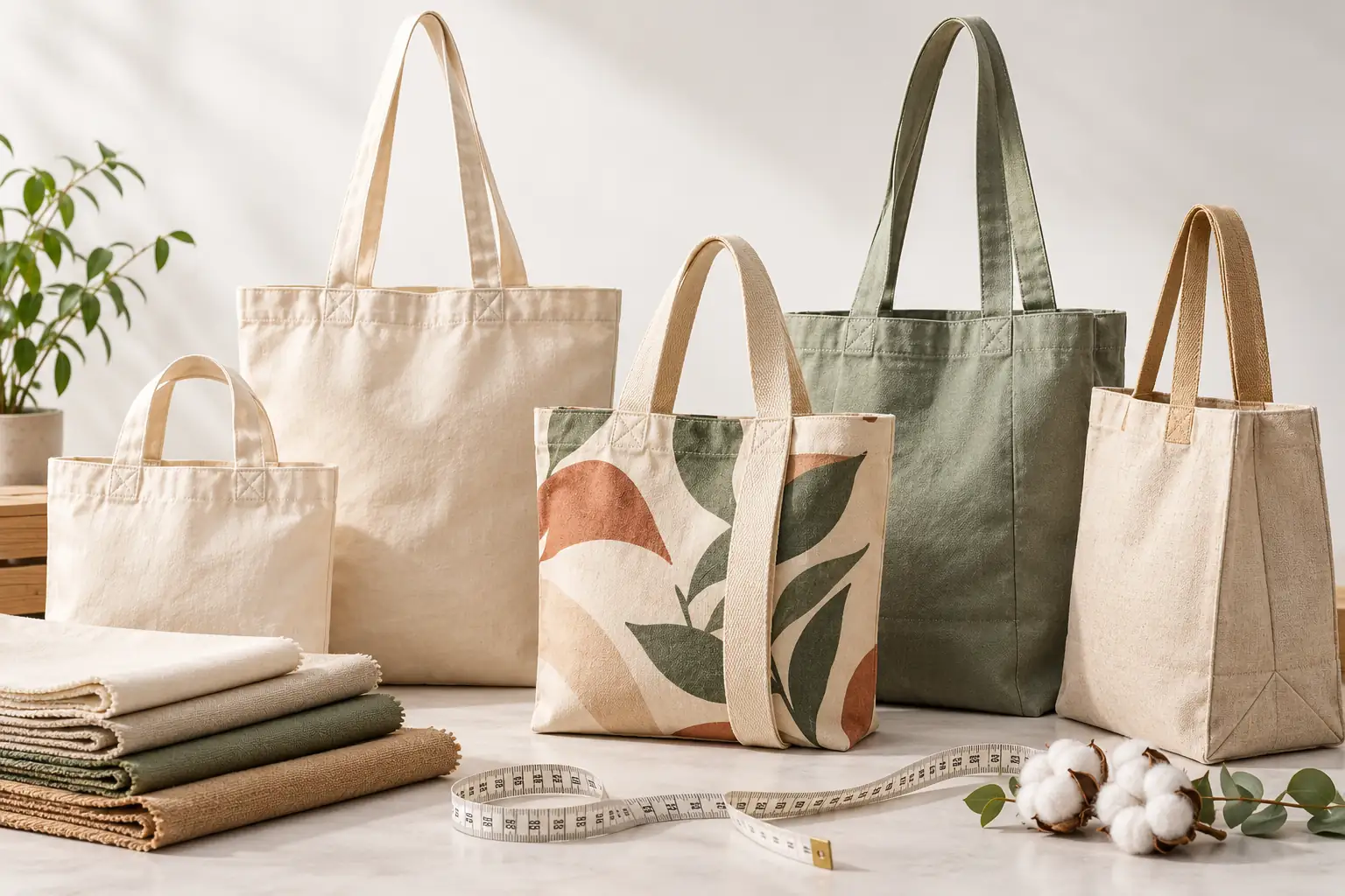Collection of cotton and canvas tote bags in cream, sage green and printed designs with different handle styles, shown with fabric swatches and a measuring tape