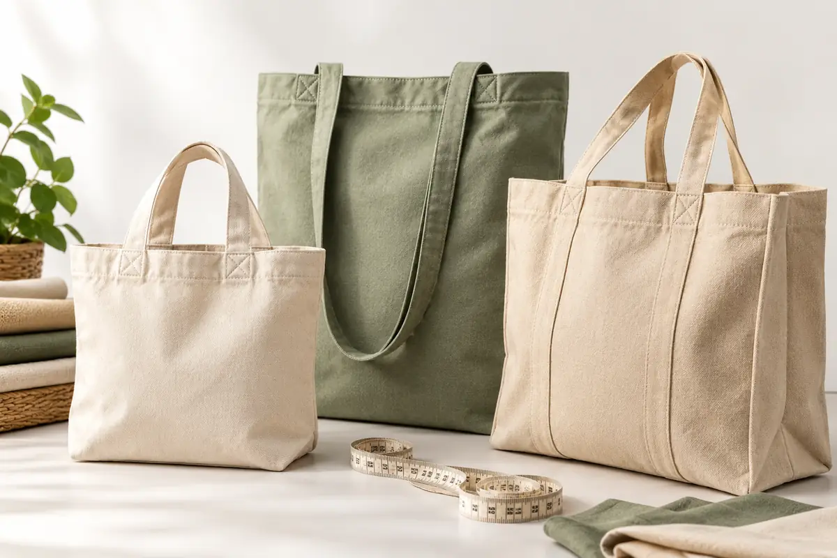 Three cotton tote bags in different sizes: a small short-handle tote, a tall shoulder tote and a large gusseted tote, with a measuring tape