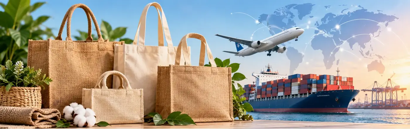 Illustration of jute, cotton and canvas tote bags in the foreground with a cargo ship, an aircraft and a world map behind them, representing worldwide shipping