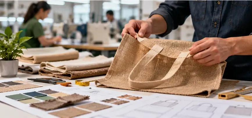 Illustration of a person inspecting the stitching and handle of a jute tote bag on a workshop table with fabric swatches and bag sketches
