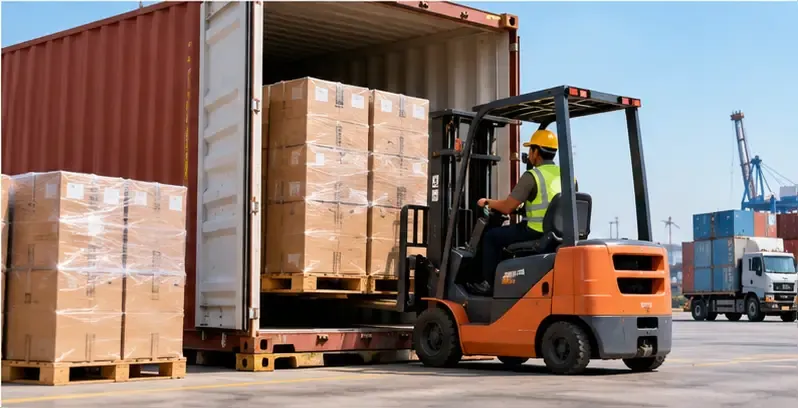 Illustration of a forklift loading pallets of cartons into a shipping container at a port