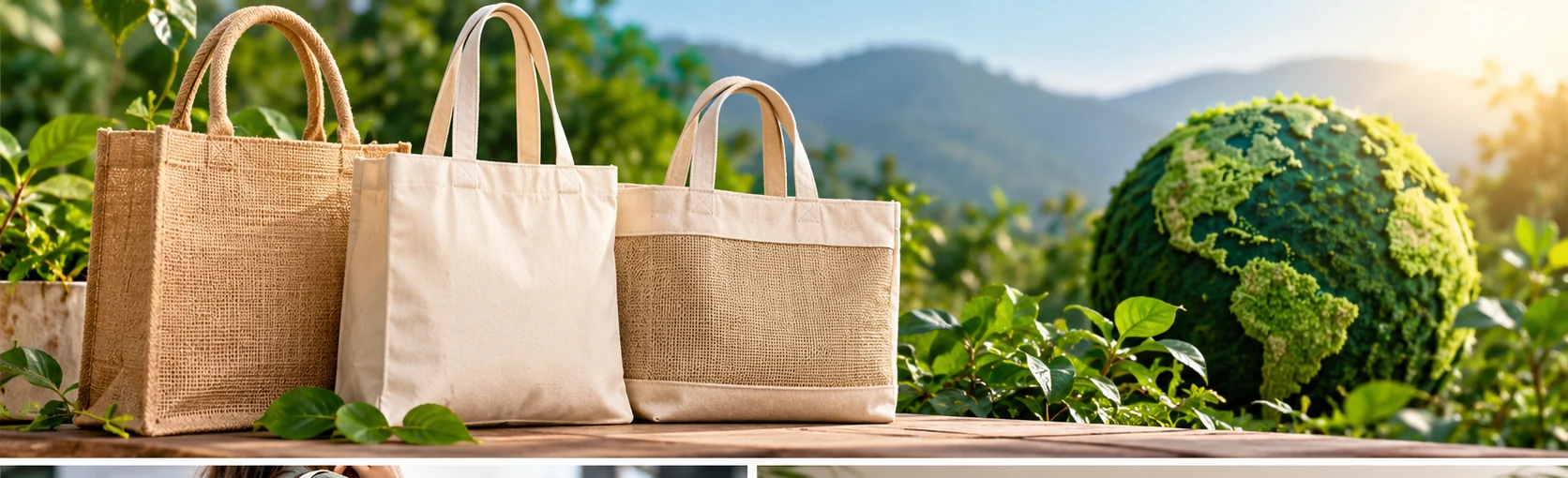 Collection of reusable jute and cotton promotional bags in a natural outdoor setting