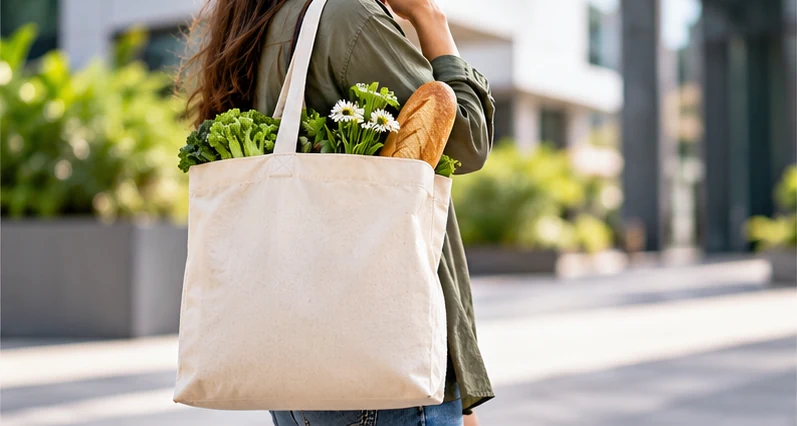 Customer carrying a reusable cotton tote for everyday shopping