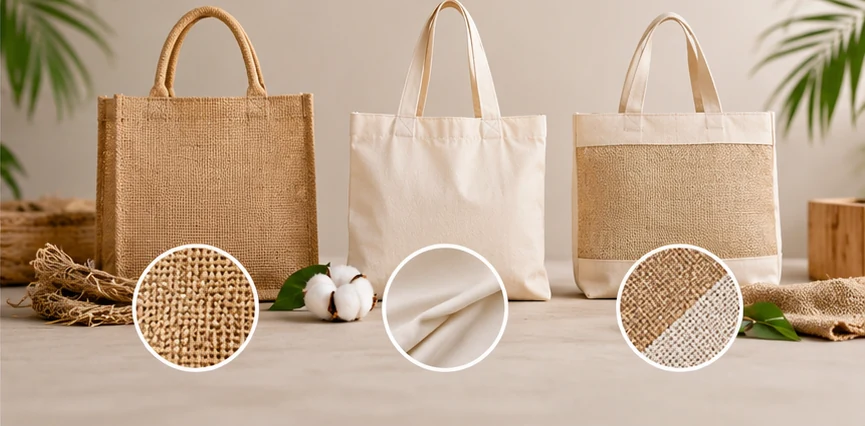 Jute, cotton and juco reusable bags showing different fabric textures and finishes
