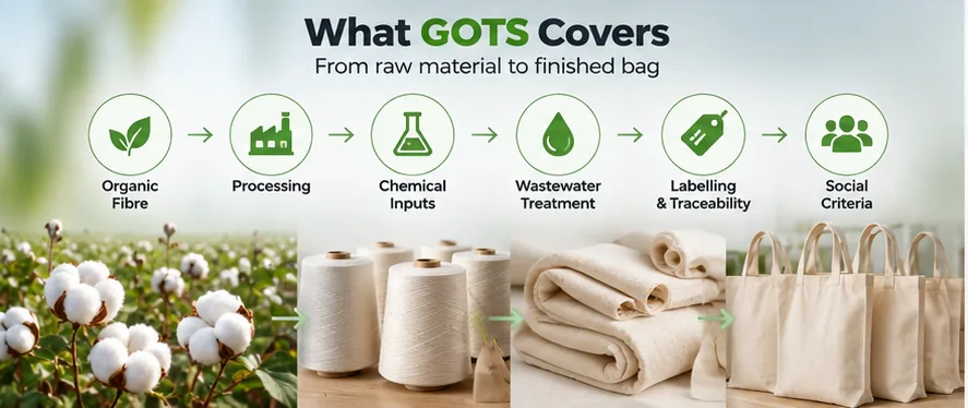 Diagram of what GOTS covers from raw material to finished bag: organic fibre, processing, chemical inputs, wastewater treatment, labelling and traceability, and social criteria