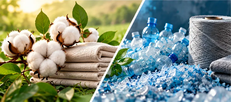 Organic cotton on the left and recycled plastic bottles on the right, illustrating organic fibre versus recycled content