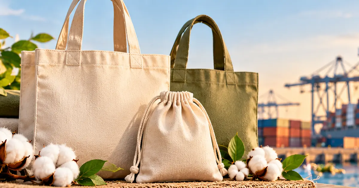 Organic cotton tote bags and a drawstring pouch with cotton bolls in the foreground and a cargo ship at a container port behind