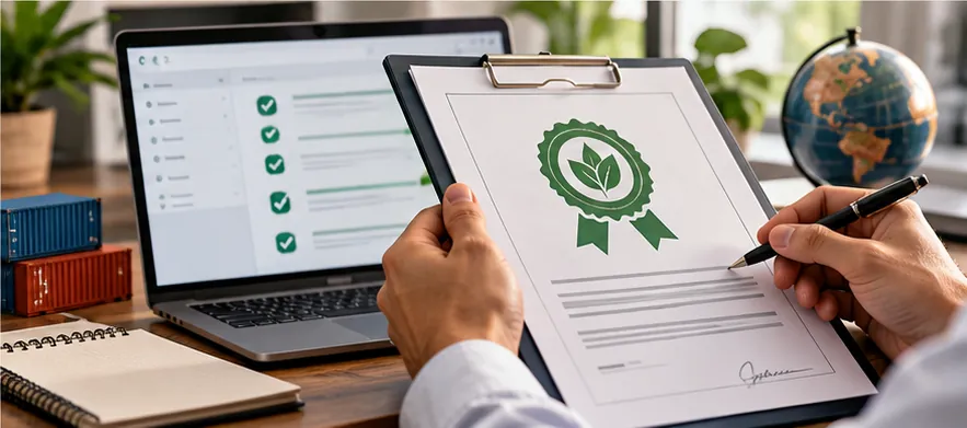 Illustration of a person holding a certificate on a clipboard beside a laptop showing a verification checklist
