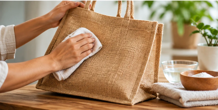 Hands gently spot-cleaning a natural jute bag with a cloth