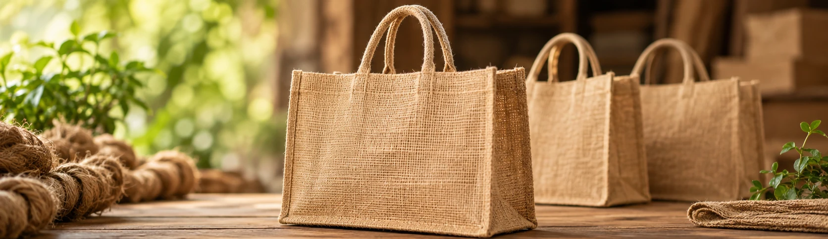 New jute shopping bags arranged on a wooden surface