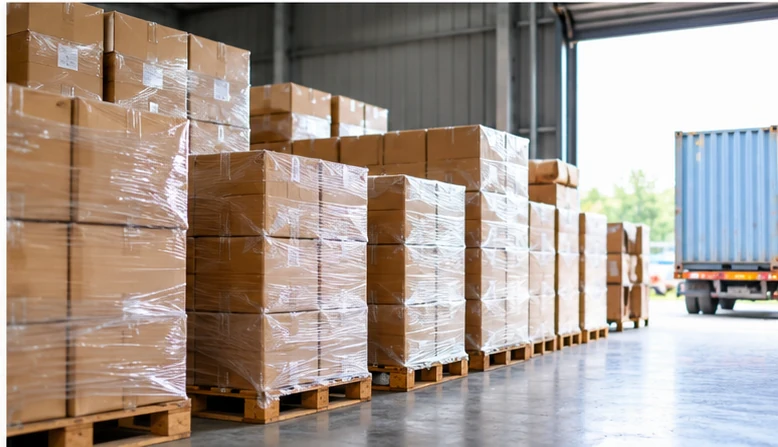 Palletized cartons in a warehouse ready for shipping