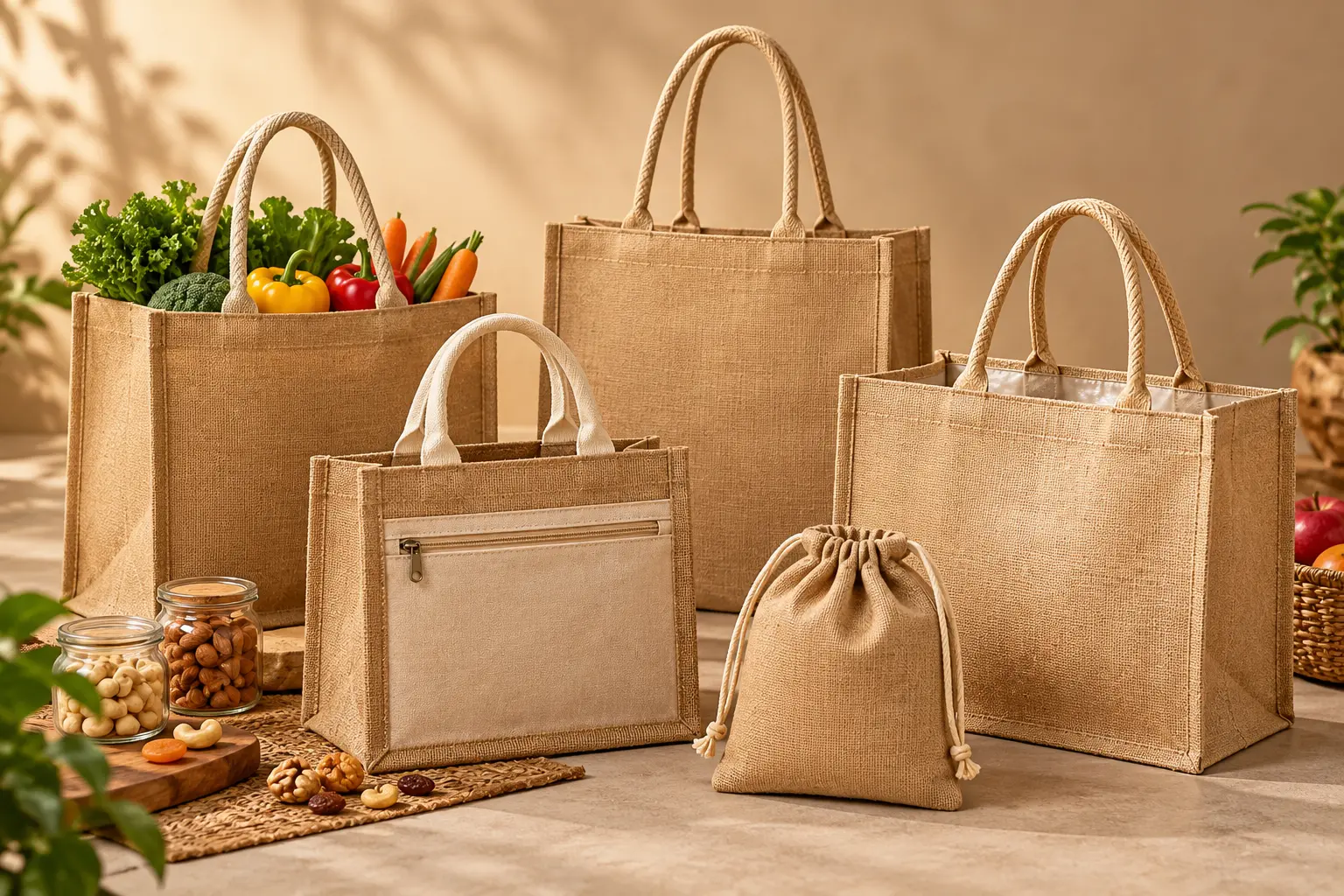 Assorted jute shopping bags: a tote with rope handles, a bag with a zip pocket, a laminated tote and a drawstring pouch