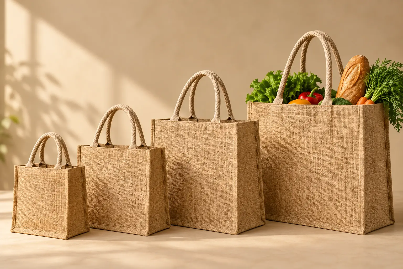 Four jute shopping bags in graduated sizes, from small to extra large, with groceries in the largest bag