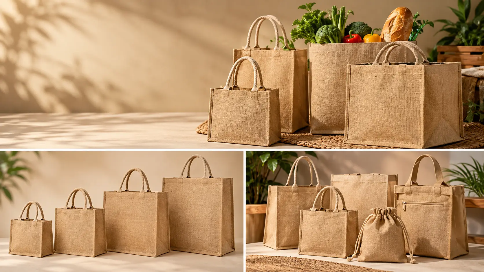 A group of jute bags: rope-handle totes, a bag with a zip pocket and a drawstring jute pouch