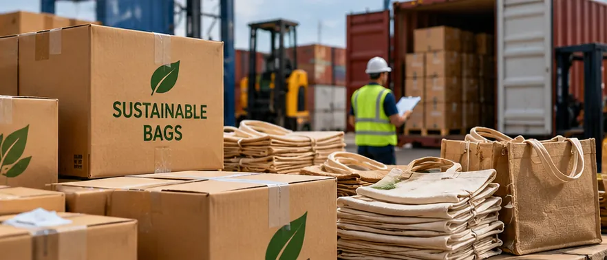Illustration of cartons and stacks of folded jute and cotton bags being loaded into a shipping container