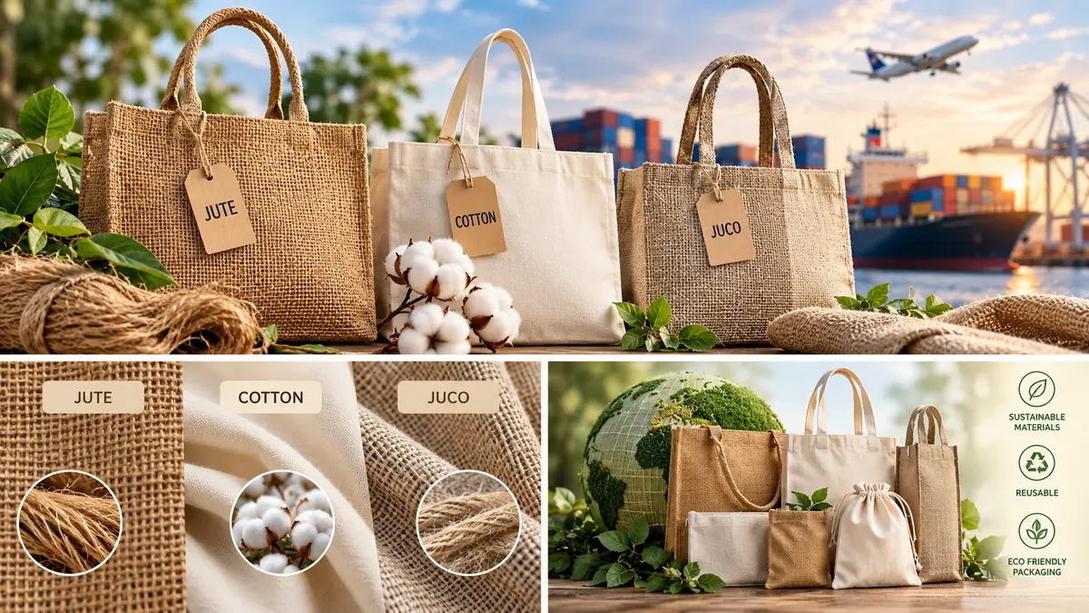 Jute, cotton and juco tote bags with name tags, shown with fabric close-ups and icons for sustainable materials, reusable bags and eco friendly packaging