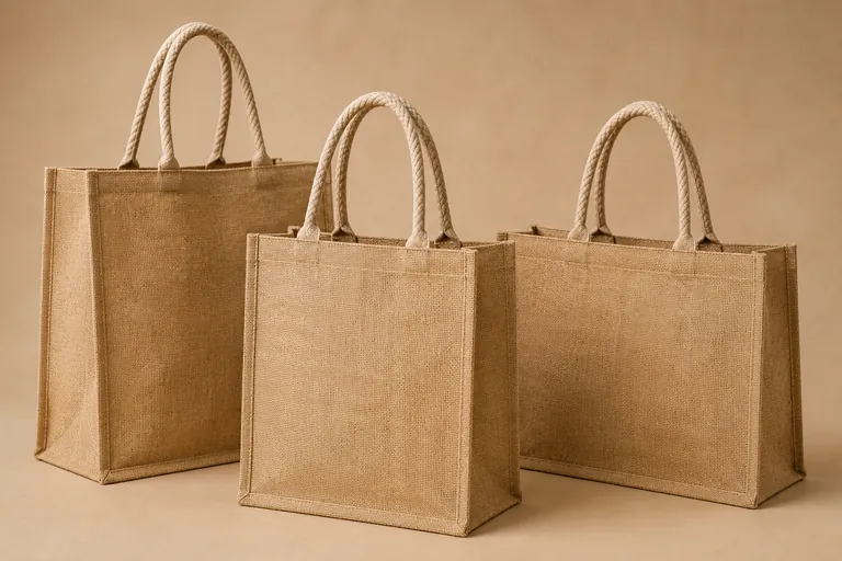 Jute shopping bags in natural and dyed finishes with rope handles