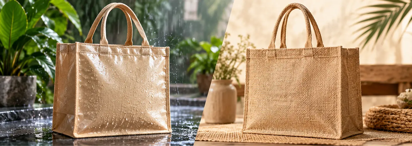 Illustration comparing a glossy laminated jute tote bag covered in rain droplets with a natural non-laminated jute tote bag in a calm interior