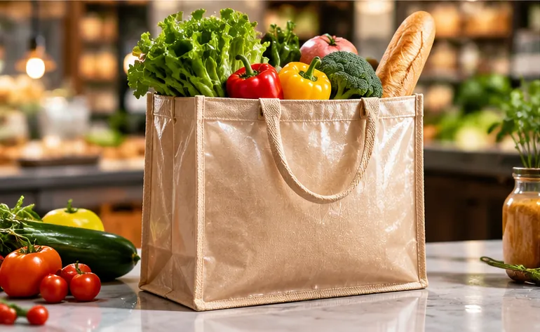 Illustration of a laminated jute tote bag filled with fresh vegetables and bread on a market counter