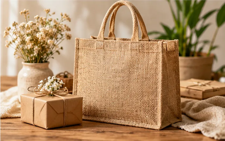 Illustration of a natural non-laminated jute tote bag beside a wrapped gift box and dried flowers on a wooden table