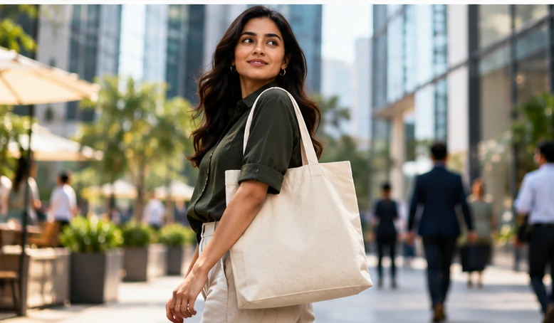 Customer carrying a reusable organic cotton tote in a modern retail district