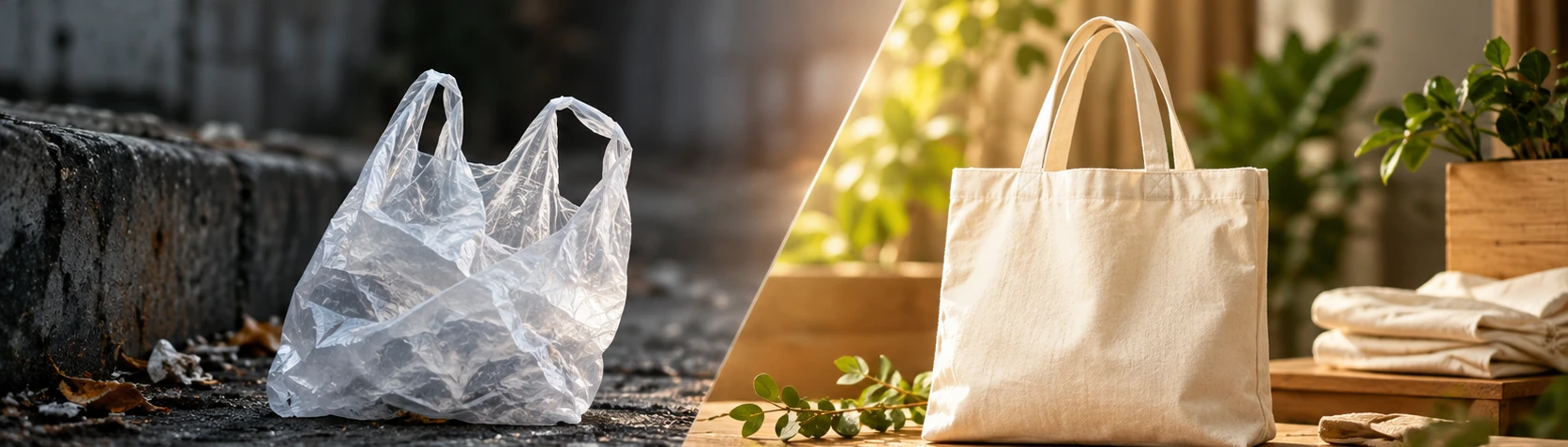 Plastic shopping bag compared with a reusable organic cotton tote as a sustainable brand alternative