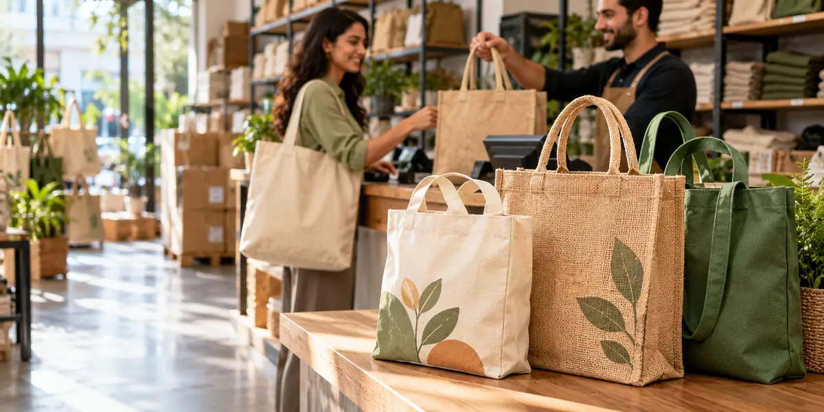 A shopper and a store assistant at a retail checkout counter, with printed jute, cotton and canvas reusable bags on display