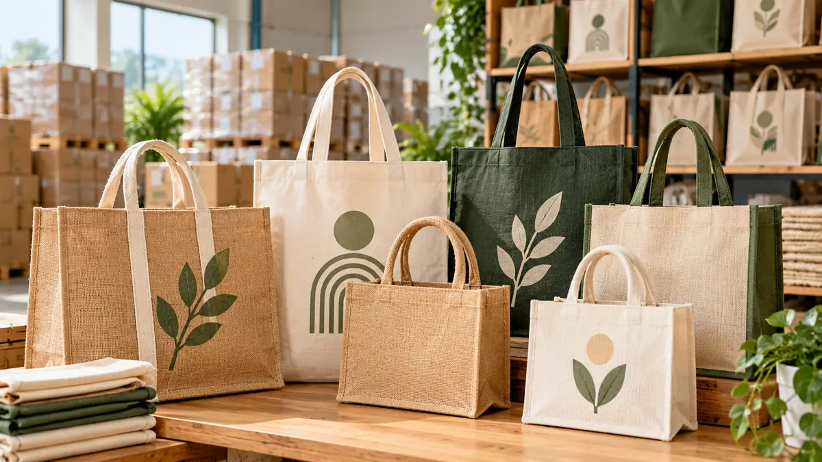 Reusable tote bags in jute, natural cotton and green canvas with printed leaf and sun designs, displayed on a warehouse table