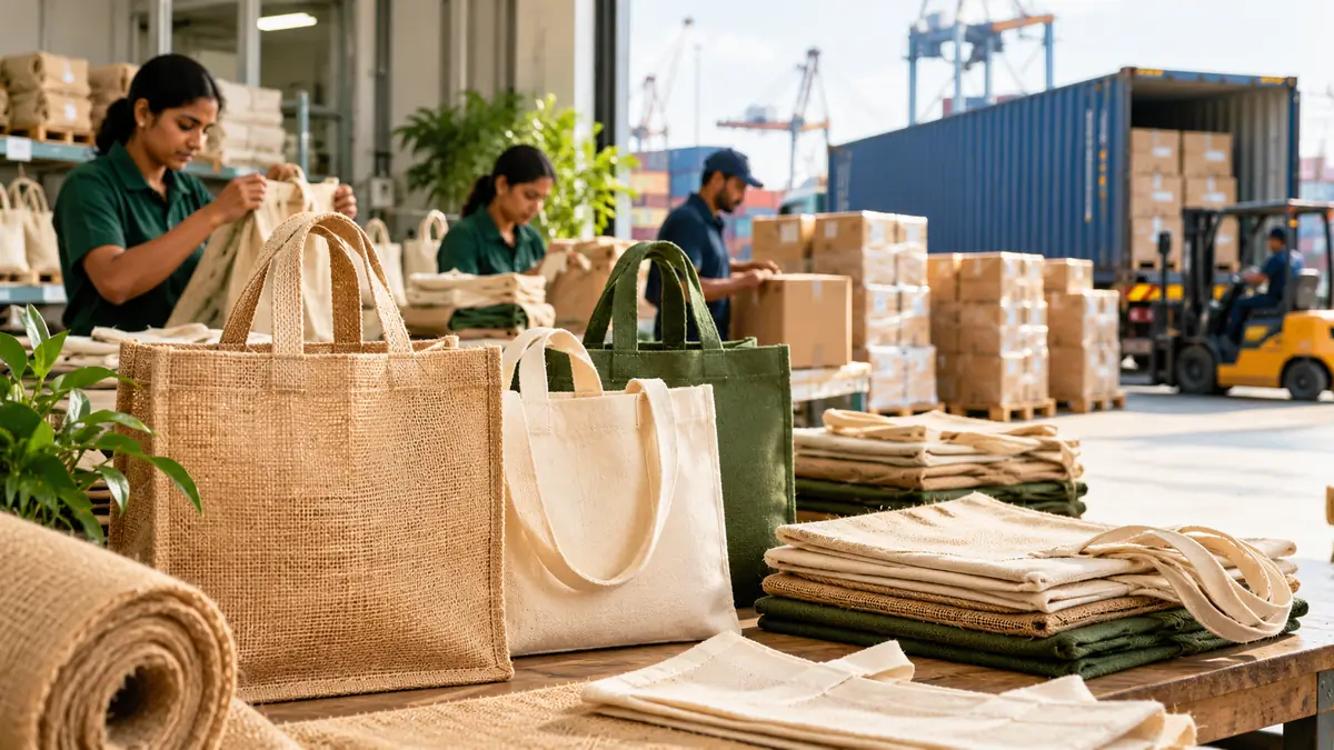 Illustration of jute, cotton and canvas tote bags with packing staff and a loaded shipping container in the background